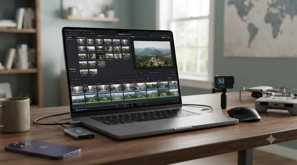 Illustration of a DaVinci Resolve project screen with a single day's travel footage being imported from multiple cameras