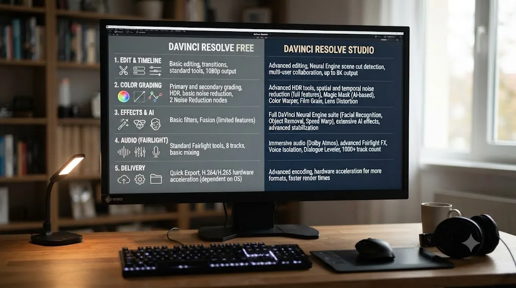 Illustration of a comparison chart showing DaVinci Resolve free version features against Studio-only features for travel editing