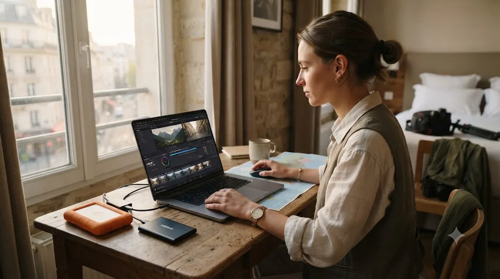 Illustration of a travel creator editing on a laptop in a hotel room with external backup drives beside it