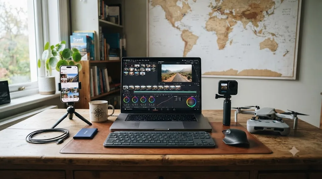 Illustration of a travel creator's desk with a laptop running DaVinci Resolve surrounded by a phone, action camera, and drone