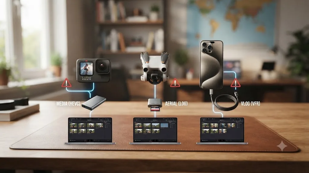 Illustration of a GoPro, DJI drone, and iPhone each shown with a different import problem and its fix