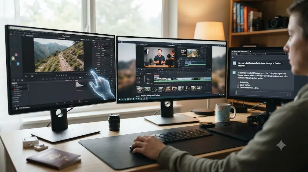 Illustration comparing a chatbot, a course video, and an on-screen assistant pointing at a control inside DaVinci Resolve