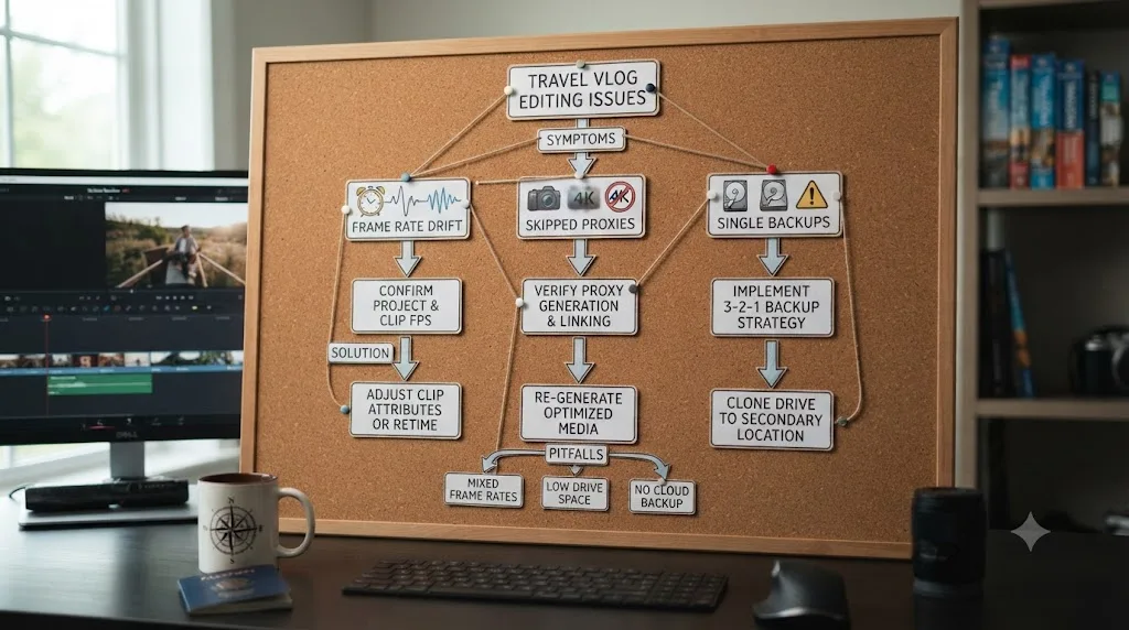 Illustration of a troubleshooting flowchart showing common travel vlog editing mistakes branching to their specific fixes