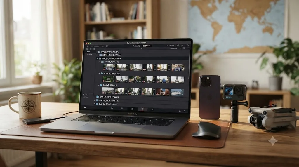 Illustration of an organized DaVinci Resolve Media Pool with bins labeled by shoot day and camera source