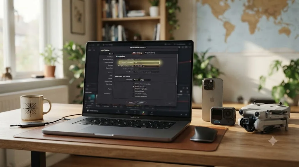 Illustration of the DaVinci Resolve Project Settings panel with frame rate settings highlighted next to camera icons