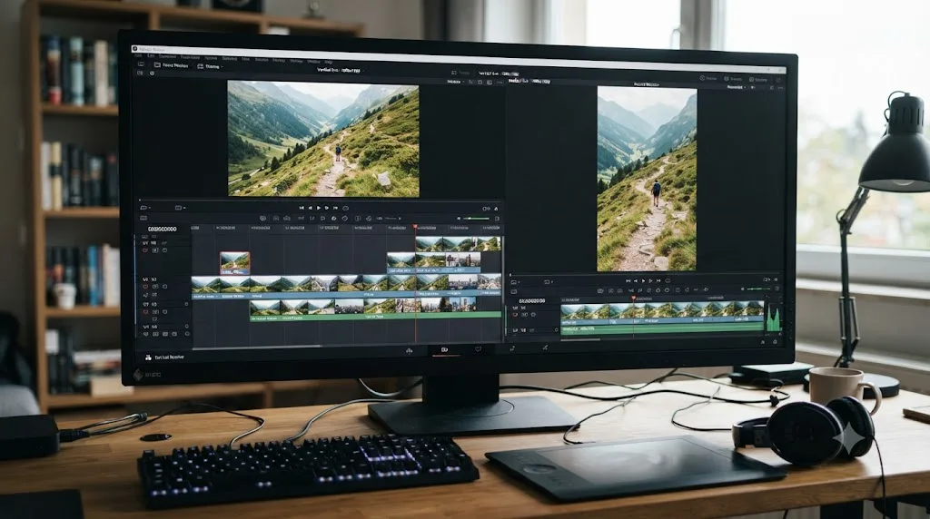 Illustration of a DaVinci Resolve timeline duplicated into a vertical format with a drone shot reframed for short-form export