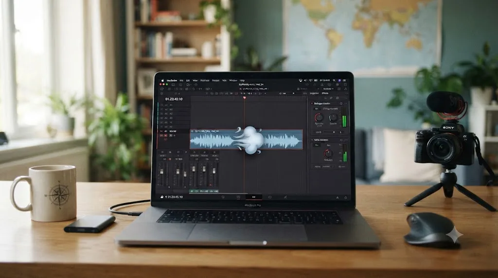 Illustration of the DaVinci Resolve Fairlight page showing the Dialogue Leveler and Voice Isolation applied to an outdoor audio clip