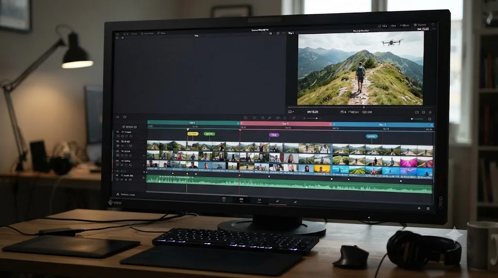 Illustration of a DaVinci Resolve timeline showing a three-day travel vlog edit organized by shoot day with color-coded markers