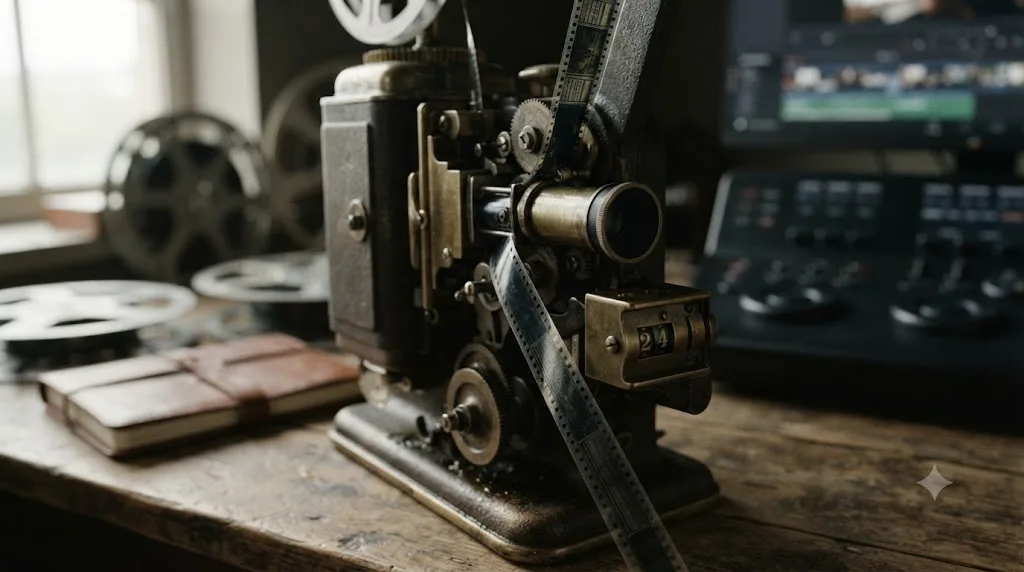 Illustration of a 1920s film projector showing an optical soundtrack strip and a 24 frames per second counter