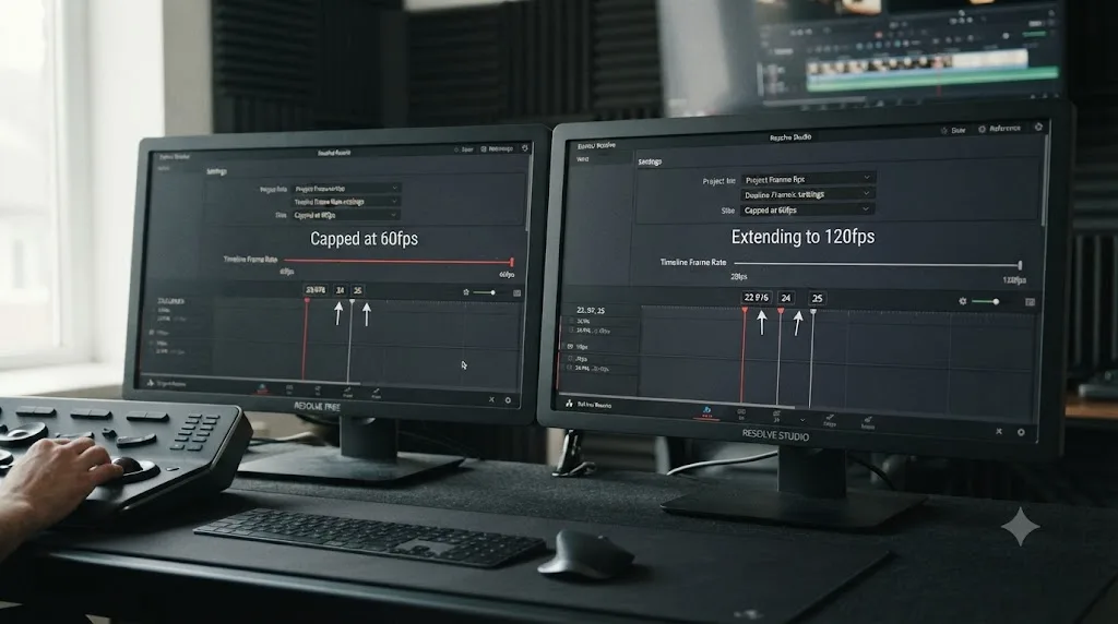 Illustration comparing DaVinci Resolve free and Studio frame rate ceilings with 23.976, 24, and 25fps marked within both