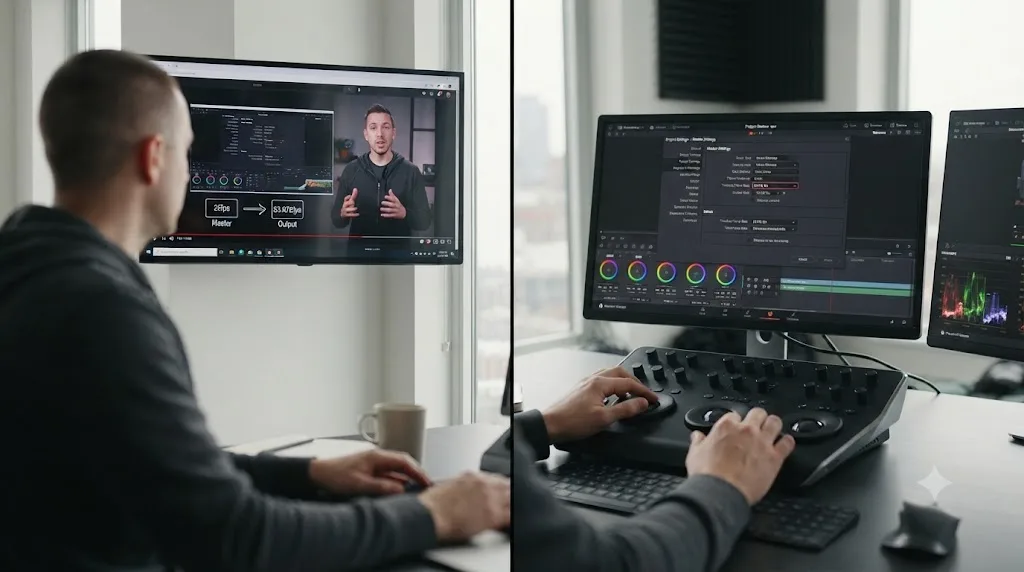 Illustration comparing a tutorial video being watched to the same frame rate decision applied inside a real DaVinci Resolve project