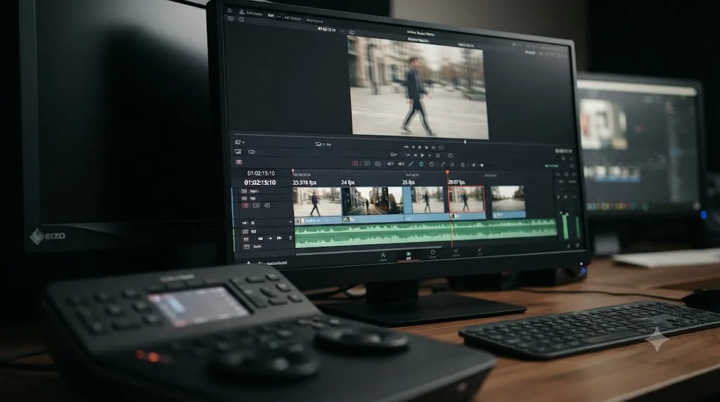 Illustration of a DaVinci Resolve timeline showing clips at four different frame rates with one clip stuttering
