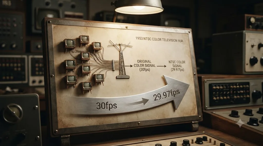 Illustration of a 1953 color television broadcast diagram showing a frame rate slowed from 30fps to 29.97fps
