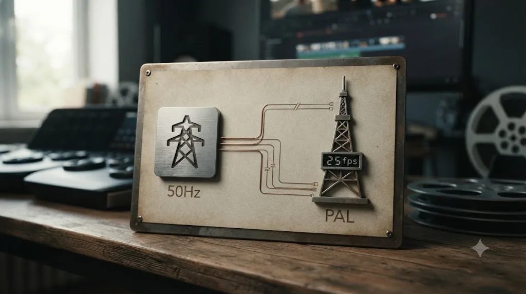 Illustration of a European 50Hz power grid connecting to a PAL broadcast tower showing 25 frames per second