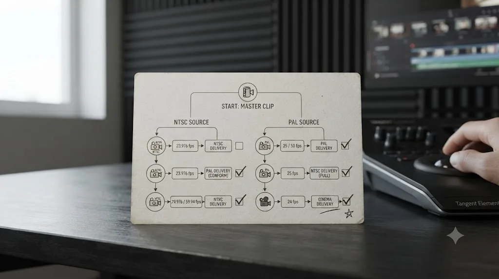 Illustration of a checklist card summarizing frame rate decisions for different delivery situations