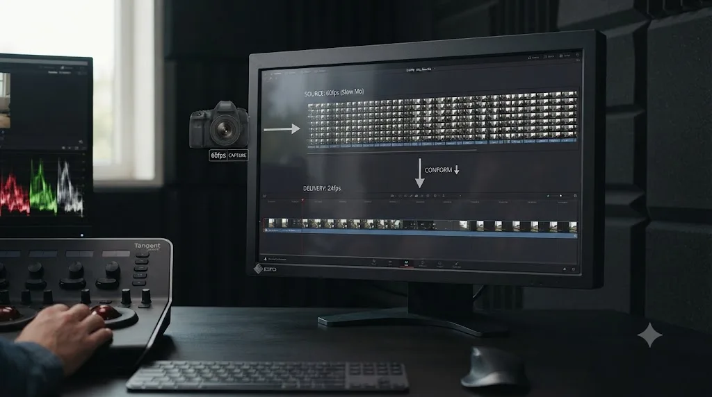 Illustration of a camera capturing 60 frames per second footage being conformed down into a 24 frames per second delivery timeline