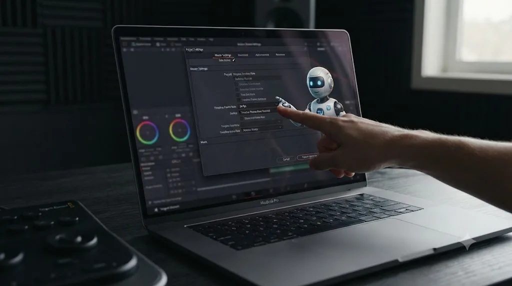 Illustration of the TryUncle assistant pointing at the Timeline Frame Rate dropdown inside DaVinci Resolve Project Settings on a Mac screen