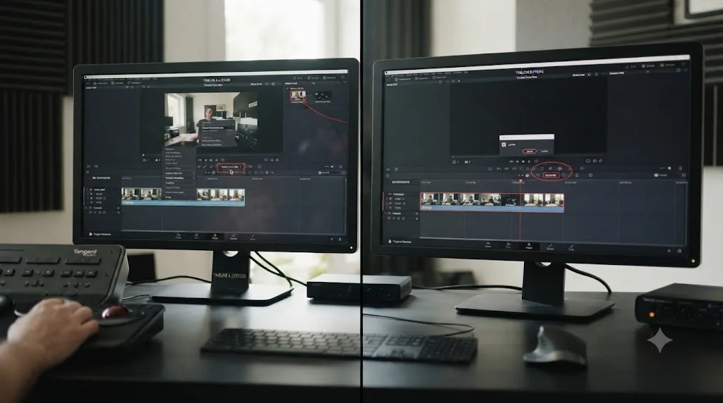 Illustration of a locked frame rate dropdown on one timeline next to a new timeline receiving pasted clips at the correct frame rate