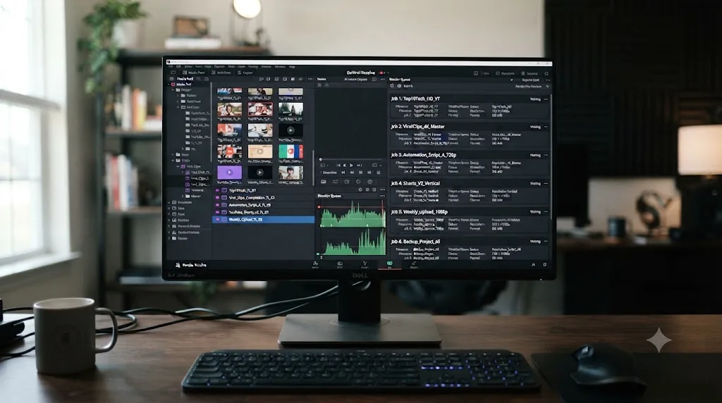 Illustration of a DaVinci Resolve Media Pool with several timelines selected next to a render queue listing multiple queued exports