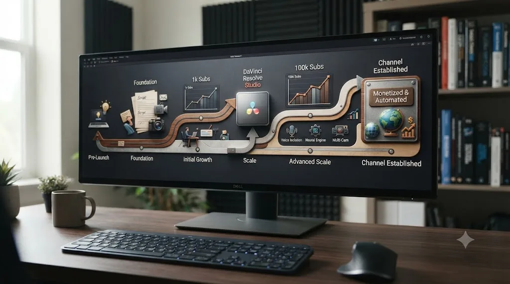 Illustration of a channel growth timeline with a DaVinci Resolve Studio purchase marker appearing at a later growth stage