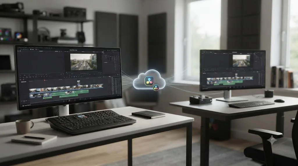 Illustration of two workstations, a channel owner and an outsourced editor, connected to the same shared DaVinci Resolve project