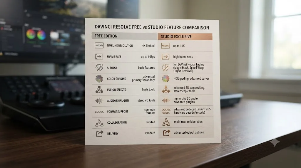 Illustration of a two-column comparison chart showing DaVinci Resolve free and Studio features side by side