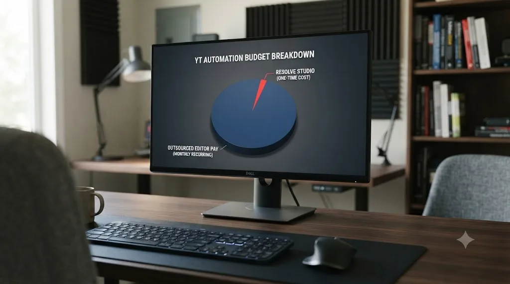 Illustration of a budget chart comparing a large outsourced editor pay slice against a small one-time DaVinci Resolve Studio cost