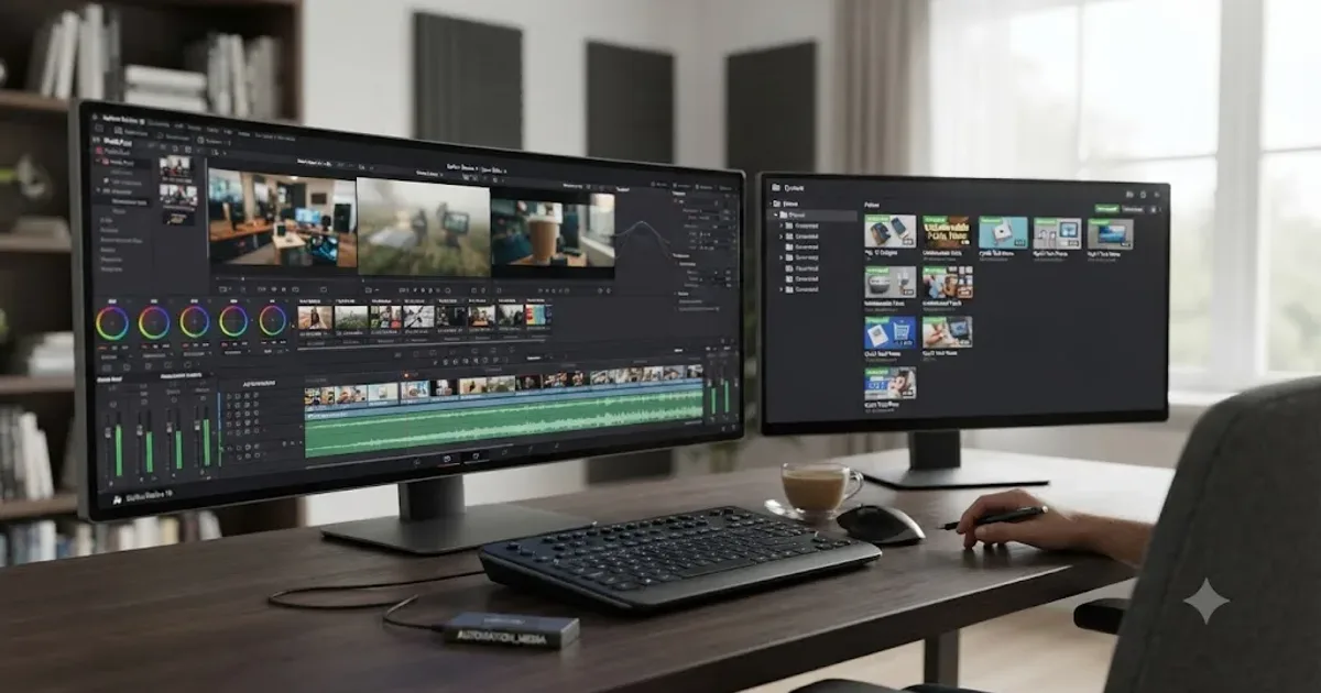 Illustration of a split desk showing a DaVinci Resolve timeline on one monitor and a queue of automated video thumbnails on another