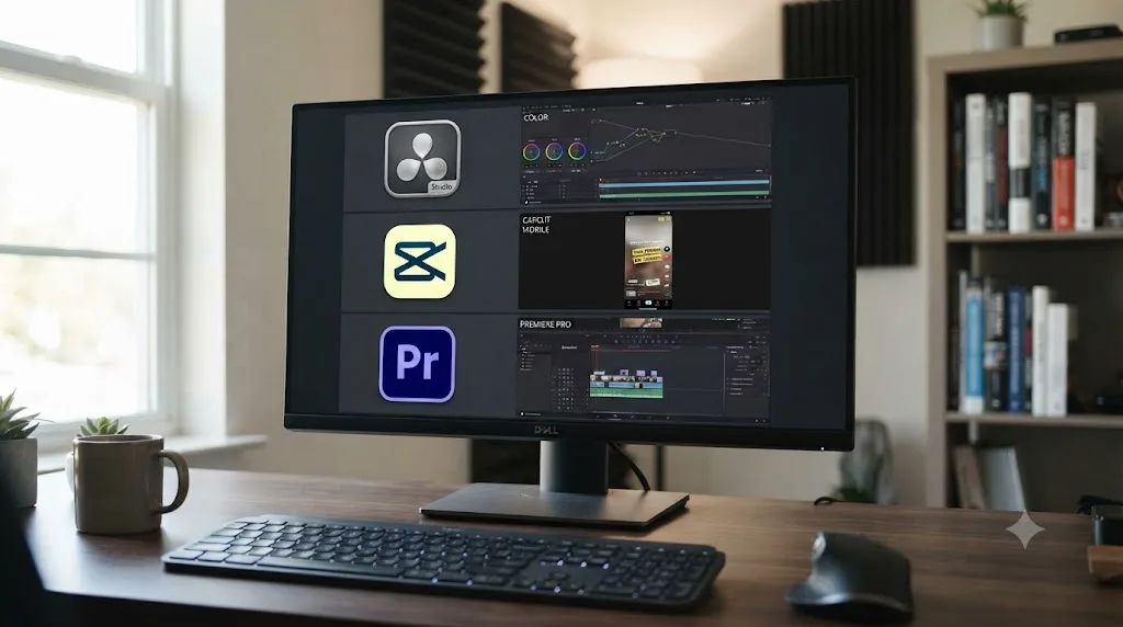 Illustration comparing DaVinci Resolve, CapCut, and Premiere Pro interface fragments side by side