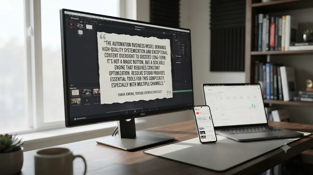 Illustration of a quote card showing a YouTube growth analyst's honest verdict on the automation business model