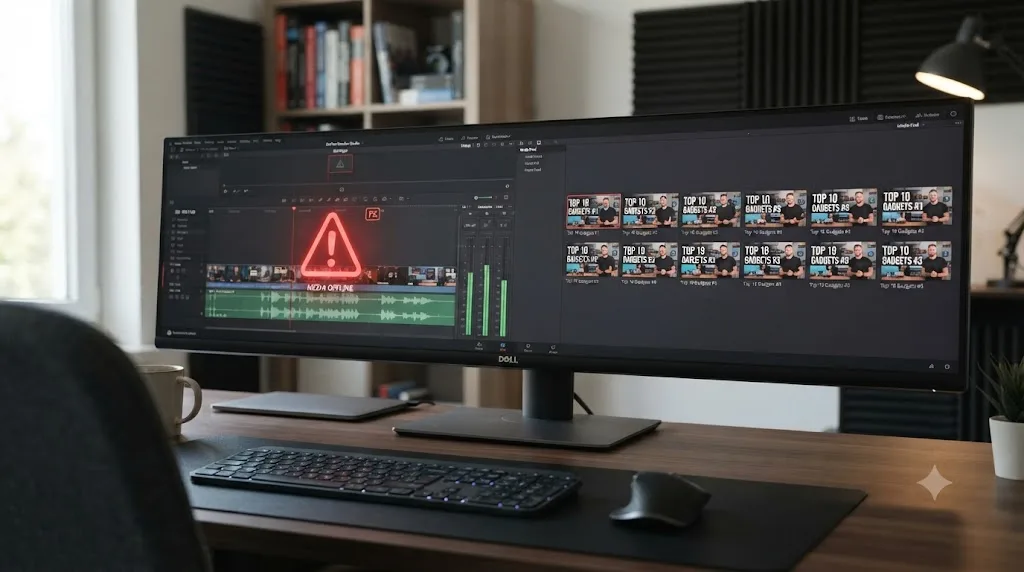Illustration of a warning icon over a DaVinci Resolve timeline next to a row of near-identical templated video thumbnails