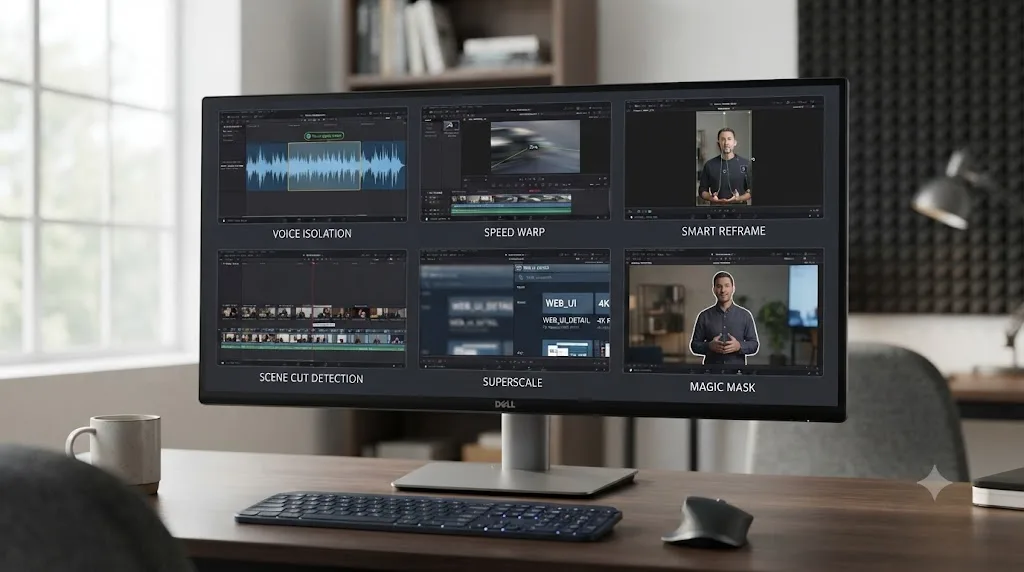 Illustration of six icons representing DaVinci Resolve Neural Engine features processing automation channel footage