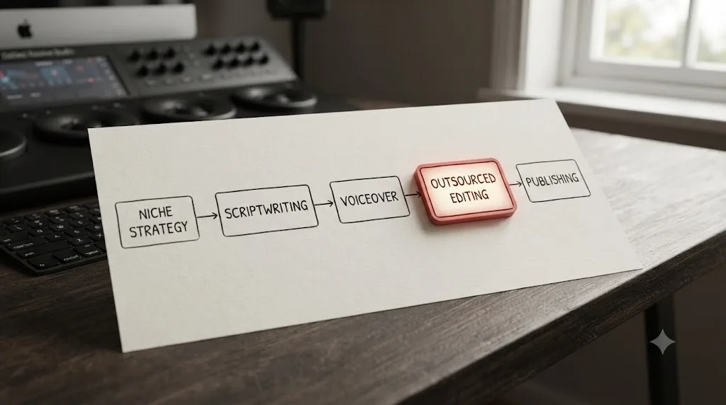Illustration of a YouTube automation channel pipeline diagram with niche strategy, scriptwriting, voiceover, editing, and publishing stages