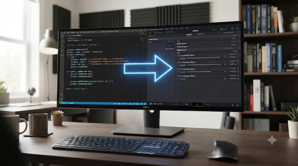 Illustration of a Python script automating DaVinci Resolve render jobs connected to a project responding automatically