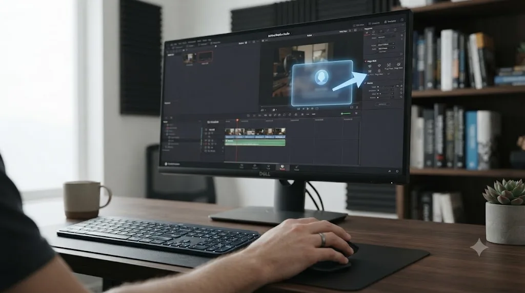 Illustration of an assistant overlay pointing at a DaVinci Resolve control while a new editor's hand stays on the mouse