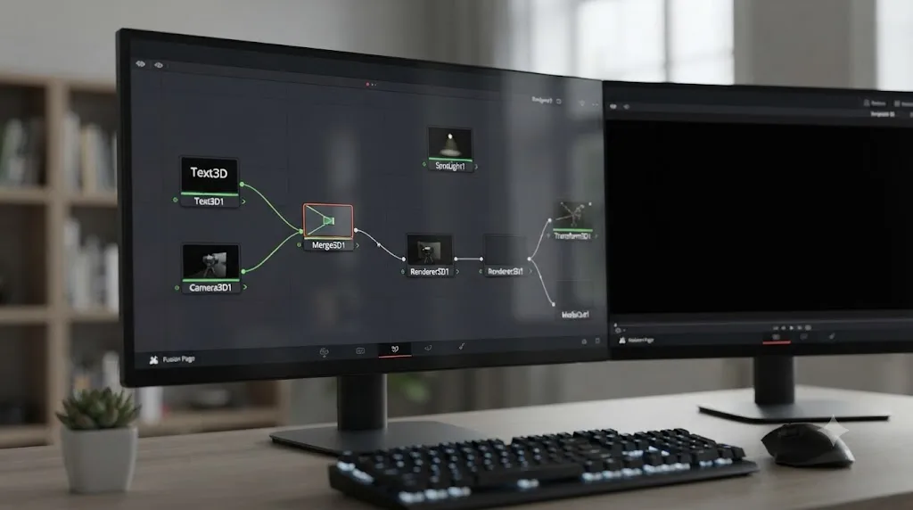 Illustration of a DaVinci Resolve Fusion 3D text scene rendering completely black because the light was never merged into it