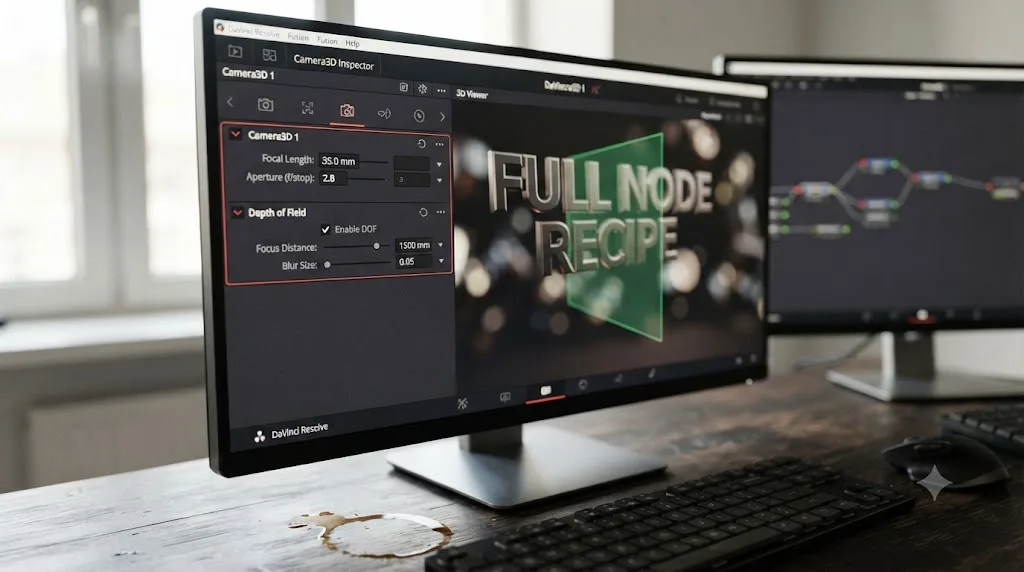 Illustration of the DaVinci Resolve Fusion Camera3D node's depth of field controls with a focal plane indicator next to 3D text