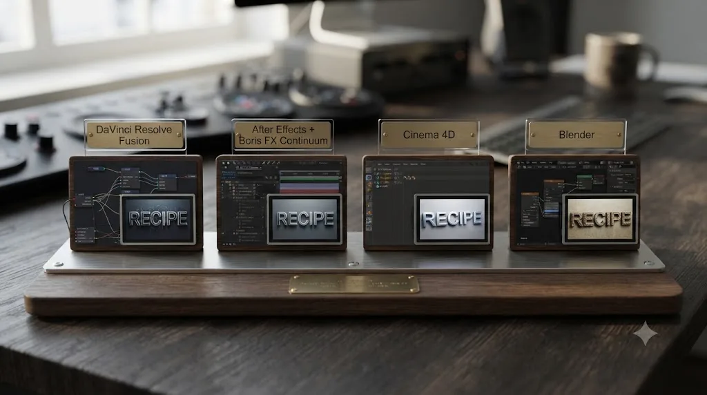 Illustration comparing DaVinci Resolve Fusion's Text3D node to After Effects, Cinema 4D, and Blender for 3D text