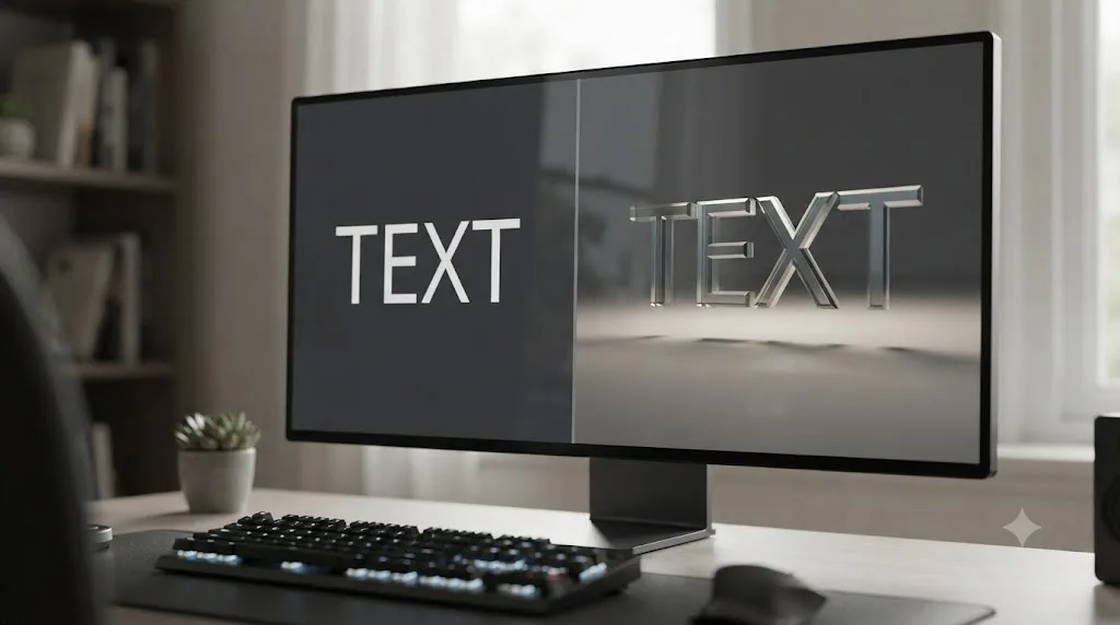 Illustration comparing flat DaVinci Resolve Fusion text to the same text with extrusion and bevel applied
