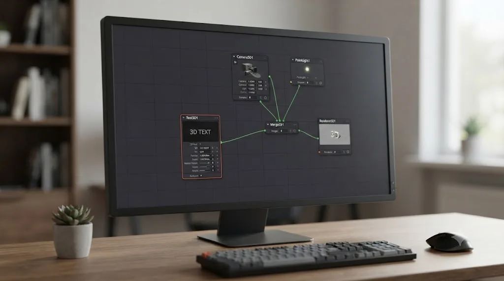 Illustration of a simple flowchart showing the five-node DaVinci Resolve Fusion 3D text recipe