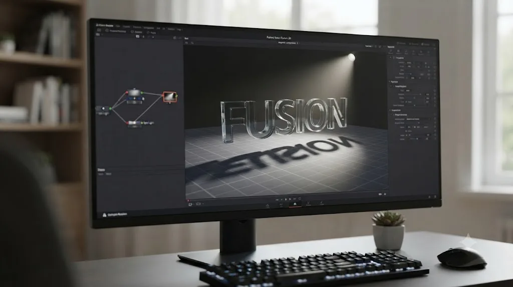 Illustration of DaVinci Resolve Fusion 3D text casting a shadow onto a Shape3D ground plane