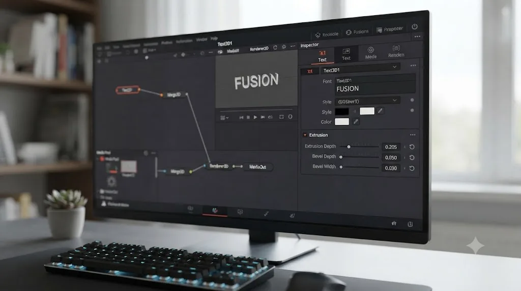 Illustration of the DaVinci Resolve Fusion Text3D node's Inspector panel showing the Text tab and Extrusion controls