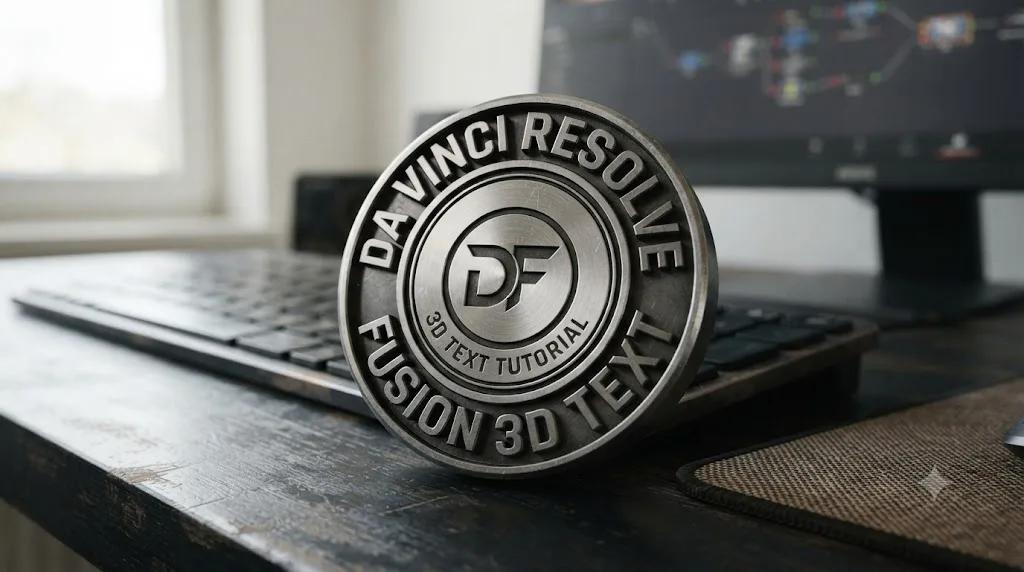 Illustration of DaVinci Resolve Fusion 3D text wrapped around a Circle layout forming a badge-style logo