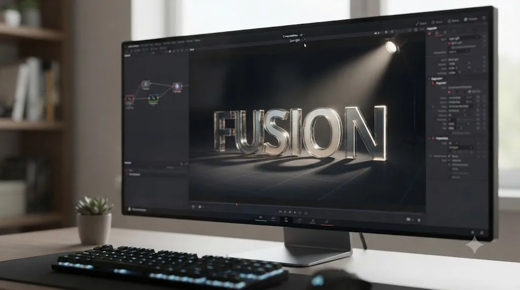 Illustration of DaVinci Resolve Fusion 3D text lit by a Spot Light, showing a highlight along the bevel and a cast shadow