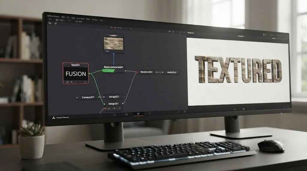 Illustration of a DaVinci Resolve Fusion Replace Material 3D node applying a texture to extruded 3D text
