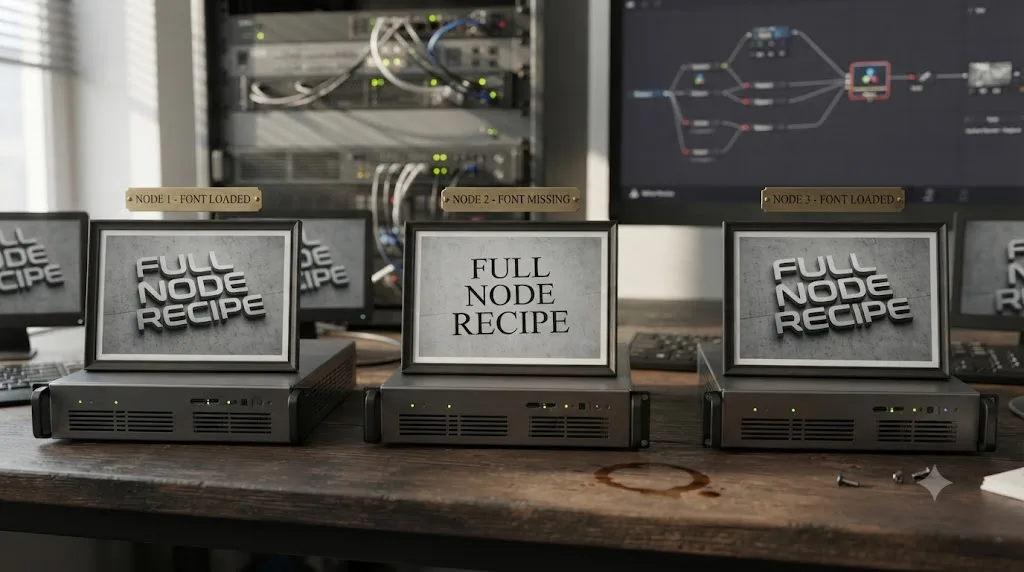 Illustration of a DaVinci Resolve Fusion render farm failing to render 3D text correctly due to a missing font on one machine