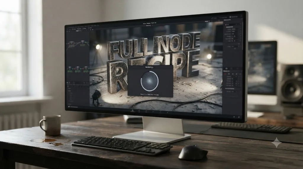 Illustration of a DaVinci Resolve Fusion 3D text scene rendering slowly due to accumulated lights, geometry, and depth of field