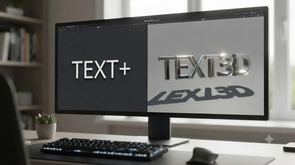 Illustration comparing a DaVinci Resolve Fusion 2D Text+ title to extruded 3D Text3D geometry