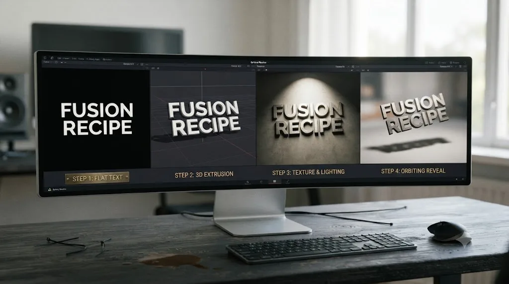 Illustration of a step-by-step worked example building an animated DaVinci Resolve Fusion 3D title card from flat text to a lit reveal