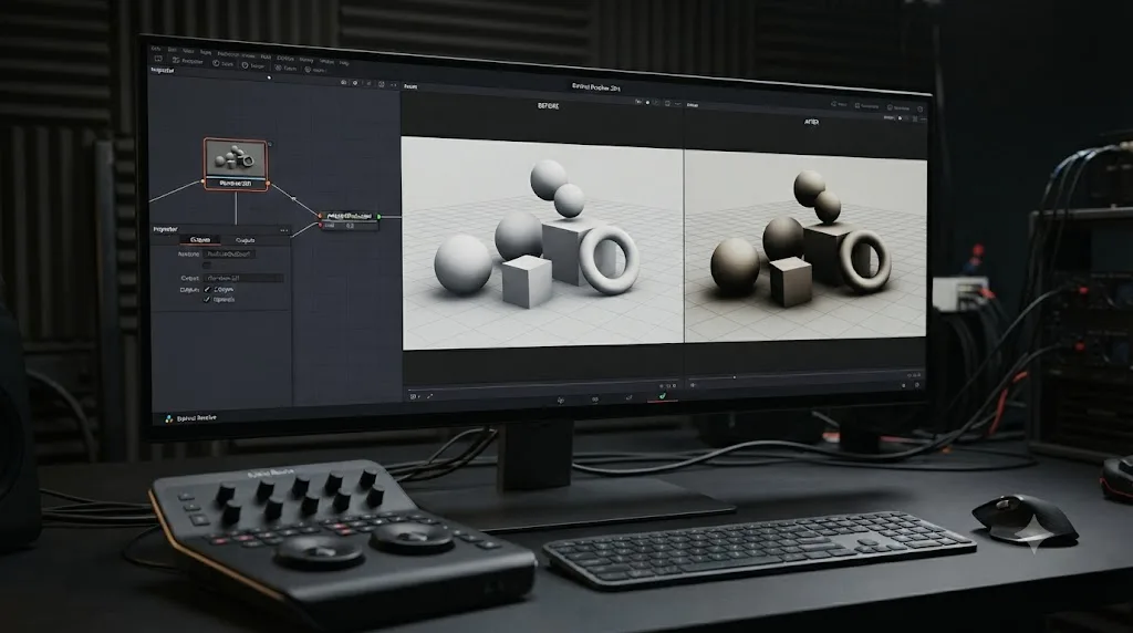 Illustration of a DaVinci Resolve Fusion Ambient Occlusion node adding contact shading to a 3D scene as a post effect